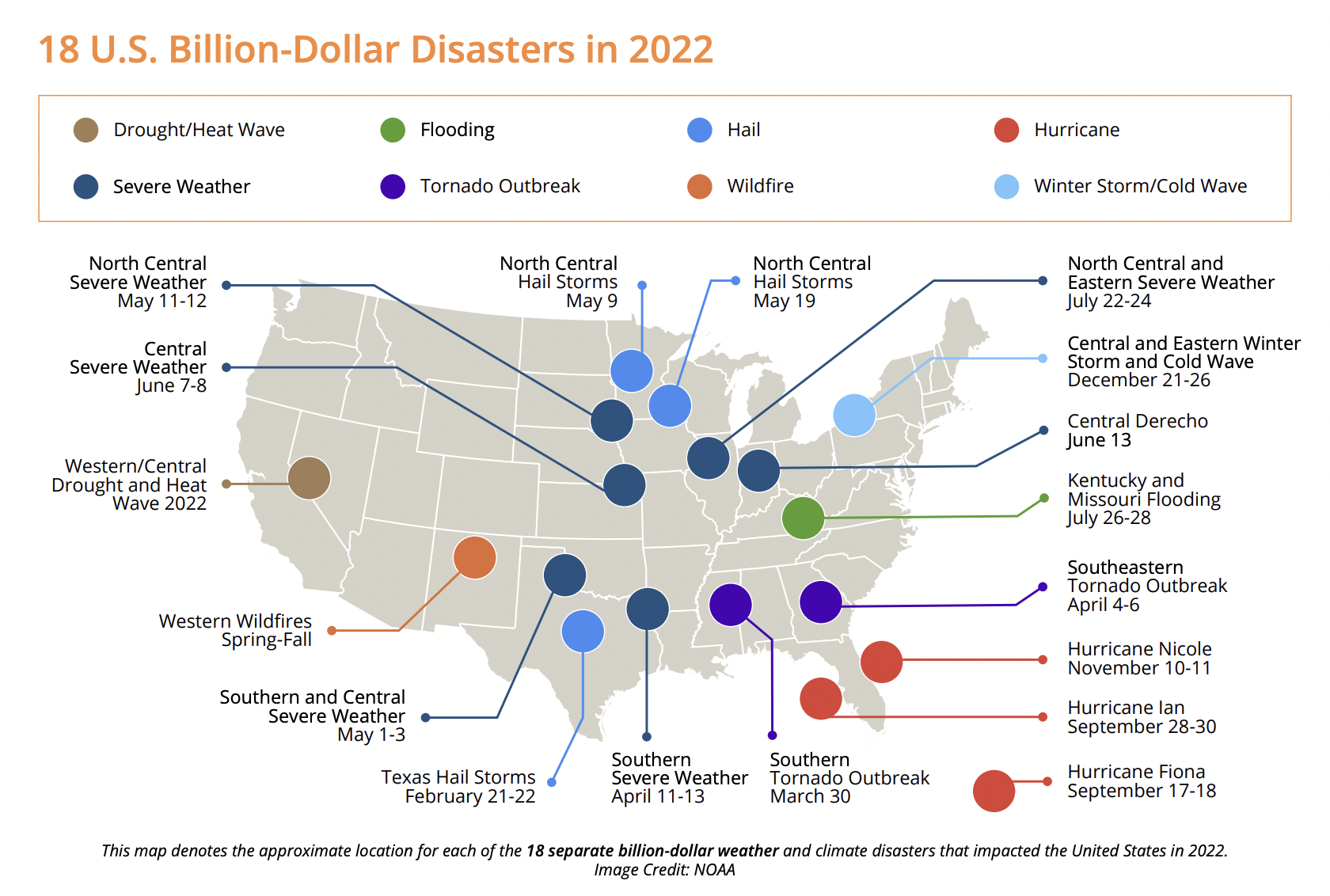 Map of 18 U.S. billion-dollar disasters in 2022