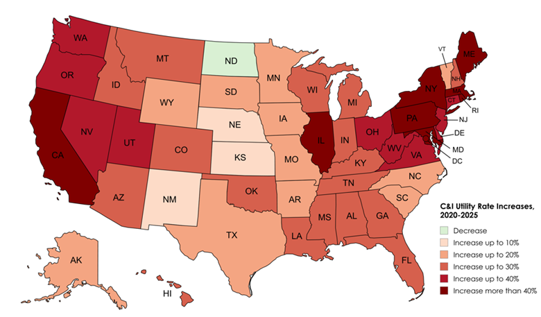 Map of the United States illustrating commercial and industrial electricity rate increases by state, highlighting regional business electricity cost escalation between 2020 and 2024.