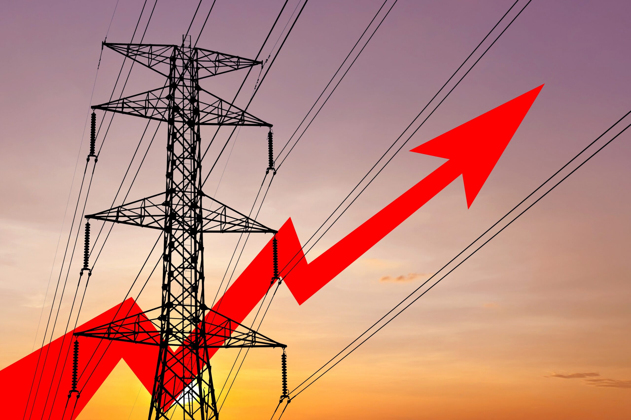 Electric transmission lines with an upward trend arrow representing rising wholesale electricity prices and electricity cost volatility.