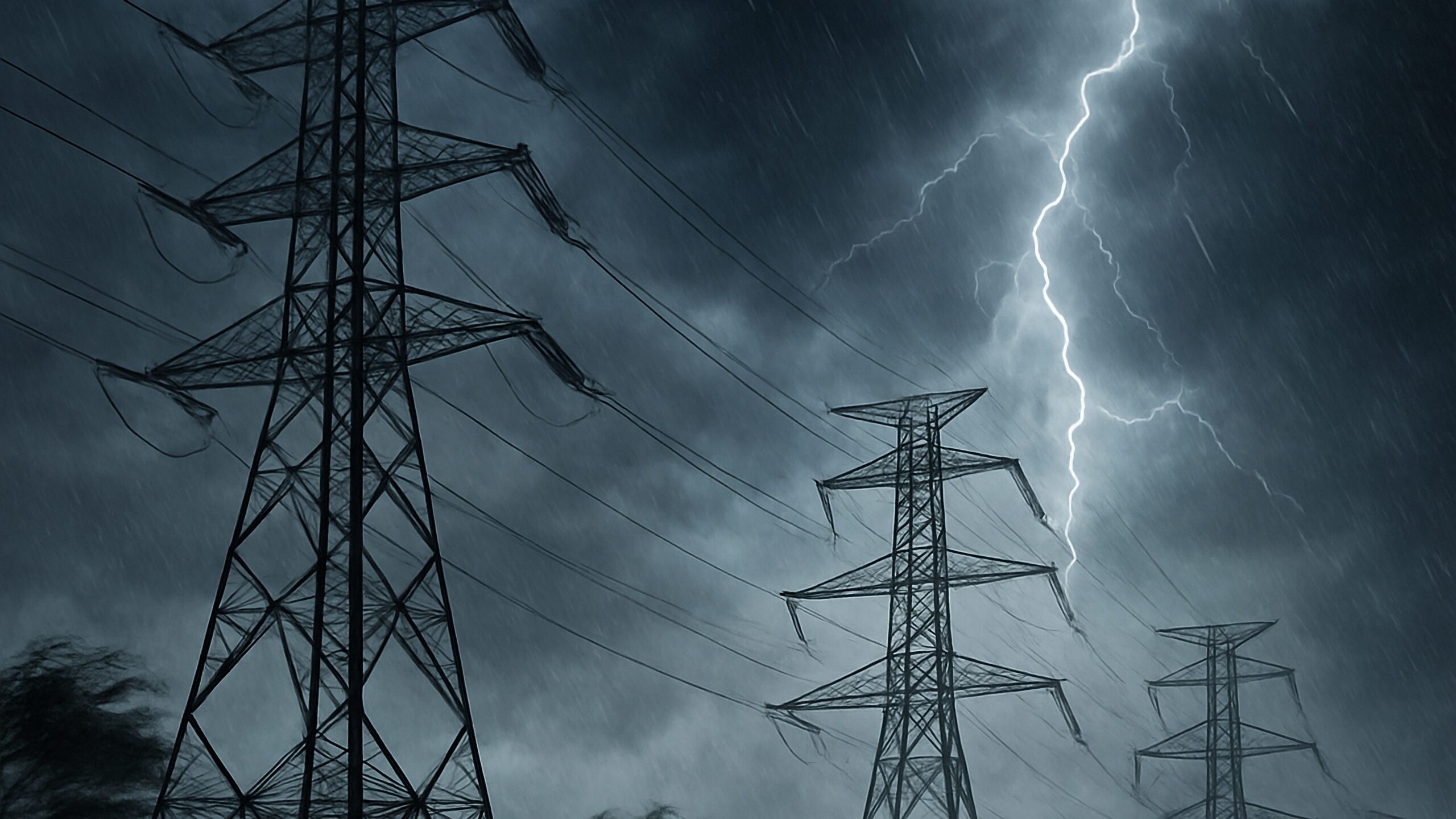 High-voltage transmission lines during an extreme weather storm, illustrating risks to electric grid reliability and rising electricity costs.