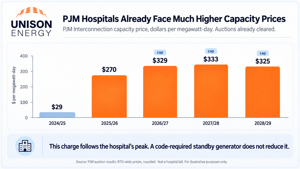 Bar chart of PJM capacity prices for hospitals: from $29 per megawatt-day in 2024/25 to about $325–$333 at the price cap through 2028/29.