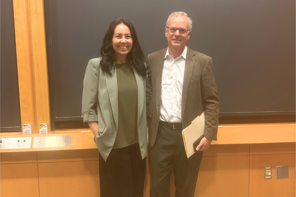 Unison Energy CEO Mariko McDonagh Meier with Harvard Business School Professor Gunnar Trumbull after the “Strategy in Green Energy” class discussion