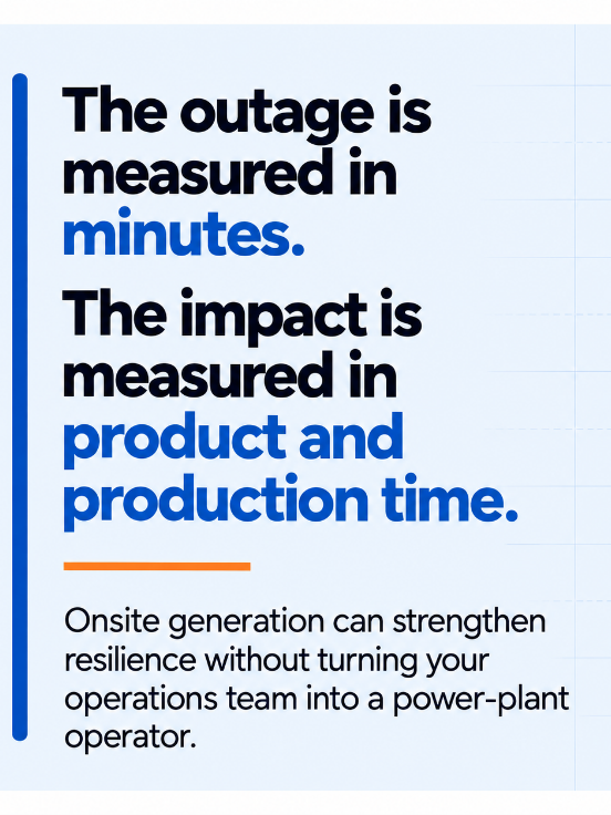 The outage is measured in minutes; the impact is measured in product and production time. Onsite power for food and beverage plants.